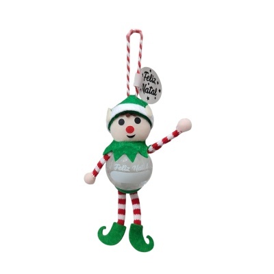 Enfeite de Natal duende verde e vermelho com bola transparente e texto Feliz Natal