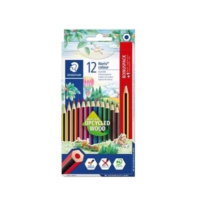 Estojo de 12 lápis de cor Staedtler Noris em madeira reciclada com embalagem colorida e lápis vermelho em destaque