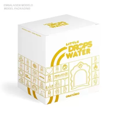 Caixa branca com letras em dourado e ícones minimalistas dourados