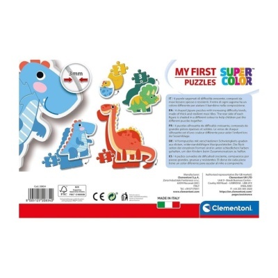 Embalaem de puzzles de dinossauros coloridos com texto e informações do fabricante