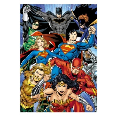 Ilustração de heróis DC Comics juntos, incluindo Batman e Mulher Maravilha.