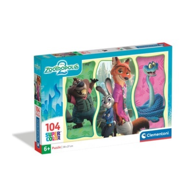 Caixa de puzzle Zootropolis 104 peças em cores vibrantes com personagens animais em três painéis