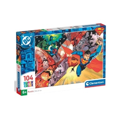Caixa de puzzle infantil com imagem do Superman e elementos DC Comics