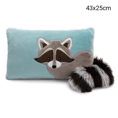 Almofada azul clara com guaxinim e cauda felpuda