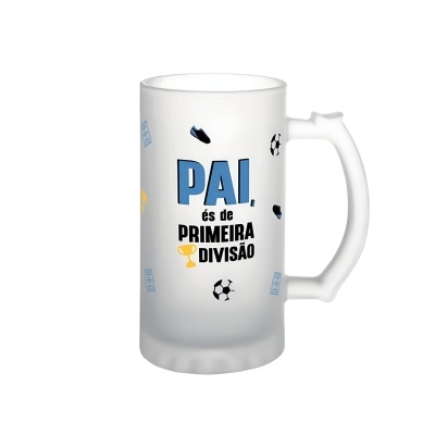 Caneca de vidro fosco com texto e imagens de futebol