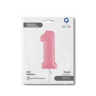 Balão rosa em forma do número 1 em embalagem branca