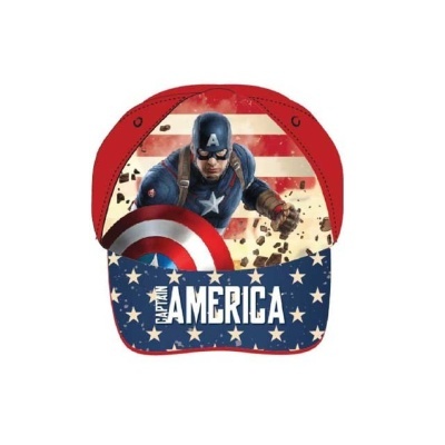 Boné vermelho e azul com imagem do Capitão América e estrelas brancas