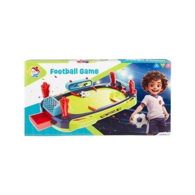 Jogo de futebol de mesa com caixa colorida e personagem animado segurando bola