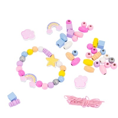 Contas coloridas de madeira para bijuteria com fio rosa
