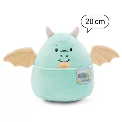 pelúcia dragão verde água com asas castanhas claras e chifres brancos