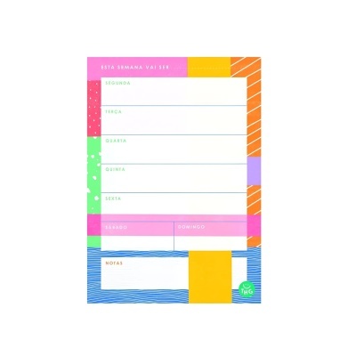 Bloco semanal de papel com dias da semana em português e bordas coloridas