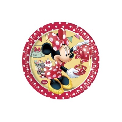 Prato descartável redondo decorado com Minnie e padrão vermelho às bolinhas brancas