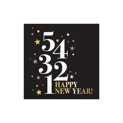 Guardanapo preto com contagem regressiva e texto Feliz Ano Novo em dourado