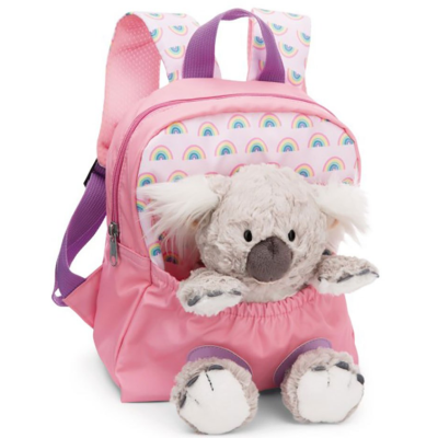 Mochila infantil rosa com padrão de arco-íris e peluche de coala