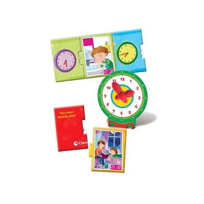 Jogo educativo com relógio de ponteiros e cartões de horas em português
