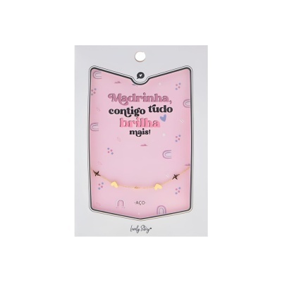 Colar dourado com pendentes de coração e batimentos cardíacos em embalagem com texto para madrinha