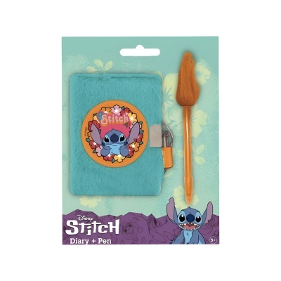 Diário Disney Stitch azul com orelhas e caneta laranja com ponta de flor em embalagem
