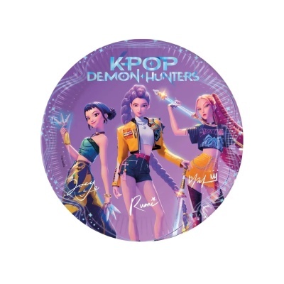 Prato de festa redondo papel K-POP DEMON HUNTERS roxo com personagens animadas