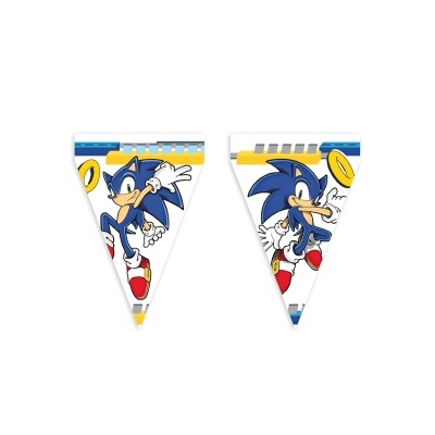 Dois painéis triangulares com ilustração do personagem Sonic e anéis dourados