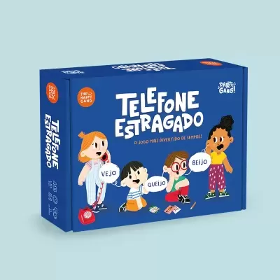 Caixa azul do jogo Telefone Estragado com crianças desenhadas e texto em português.