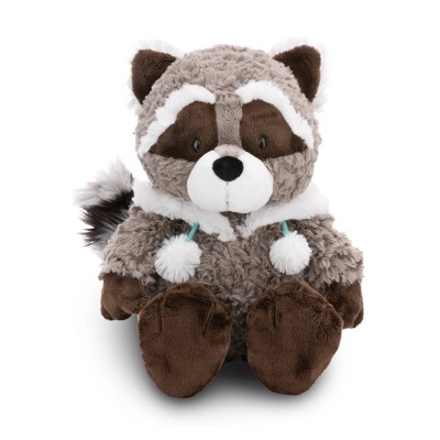 Pelúcia em forma de guaxinim castanho e branco com pompons