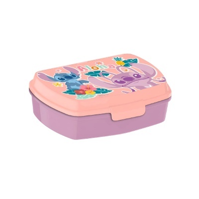 Marmita de plástico cor de rosa e lilás com personagens animados e texto Aloha