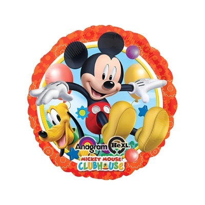 Balão redondo colorido com Mickey Mouse e Pluto, texto MICKEY MOUSE CLUBHOUSE
