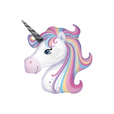 Balão cabeça unicórnio colorido com chifre cinza