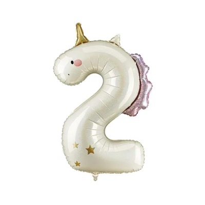 Balão prata em forma do número 2 com design de unicórnio