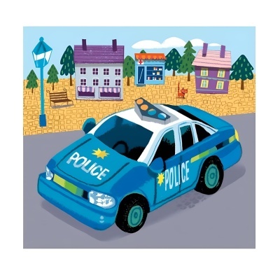 Ilustração de um carro de polícia azul em estrada cinzenta com casas e árvores ao fundo