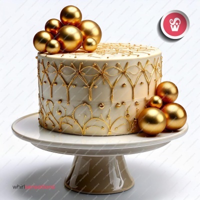 Bolo decorado branco com detalhes dourados e bolas douradas num prato branco com suporte.