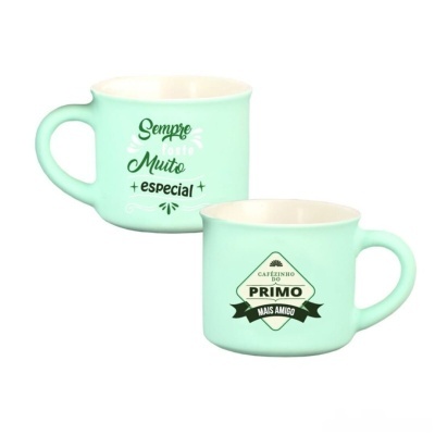 Duas chávenas de cerâmica verde água com texto decorativo
