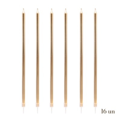 Seis velas douradas finas com suportes transparentes para bolos