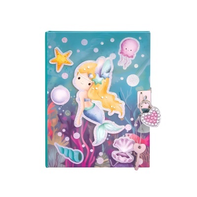 Diário com capa ilustrada de sereia e fecho de coração com chave