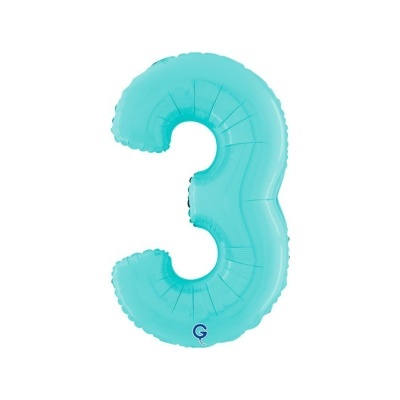 Balão azul metálico número 3 em fundo branco