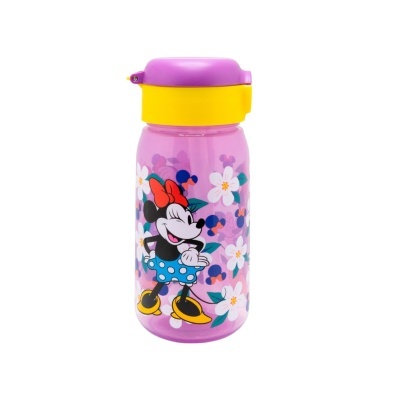 Garrafa plástica rosa com tampa roxa e amarela com estampa da Minnie Mouse e flores