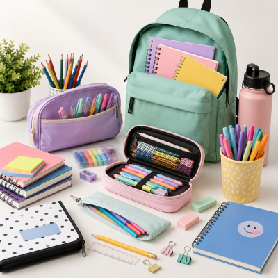 Mochila verde-água com material escolar colorido sobre mesa branca