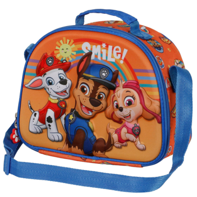 Mala infantil com personagens da Patrulha Pata e palavra 'Smile!' em fundo laranja