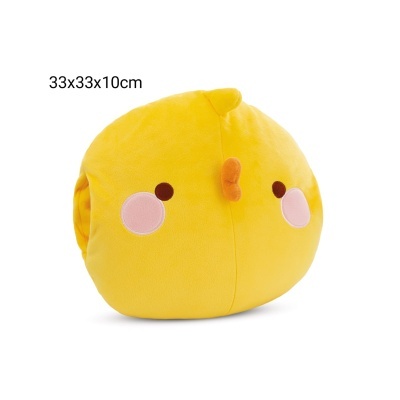 Pelúcia amarela em forma de cara de animal com bochechas cor de rosa