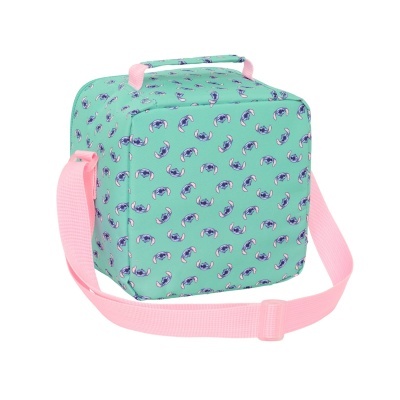 Bolsa térmica verde com padrão colorido e alça rosa