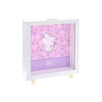 Cofre branco com fundo rosa e lilás com desenho de gato e padrão de corações