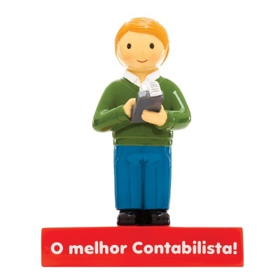 Figurinha decorativa de homem com calculadora e base com texto