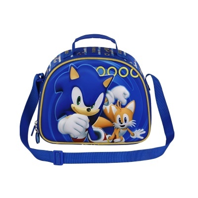 Mala infantil azul com personagens Sonic e Tails em relevo