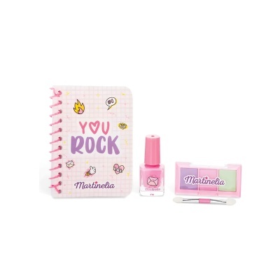 Conjunto infantil com caderno rosa e lilás, verniz de unhas rosa e paleta de maquilhagem