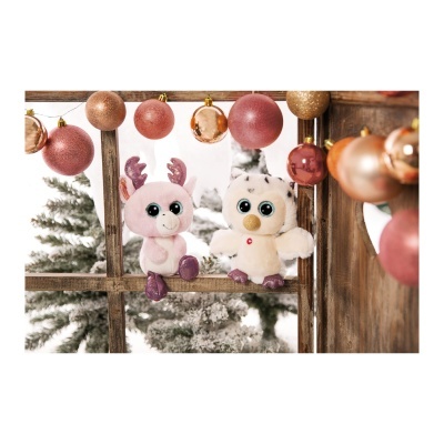 Peluches decorativas em moldura de madeira com bolas de Natal coloridas