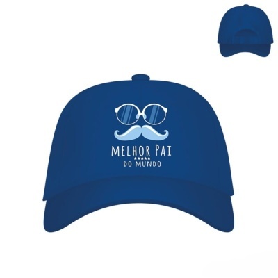 Boné azul com desenho e texto 'MELHOR PAI DO MUNDO' em branco