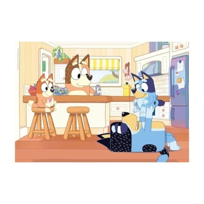 Desenho animado de cães numa cozinha com bancos, balcão e frigorífico roxo