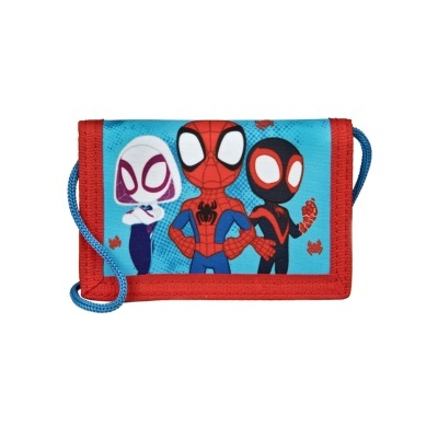 Carteira azul com bordas vermelhas estampada com personagens do Homem-Aranha em estilo cartoon
