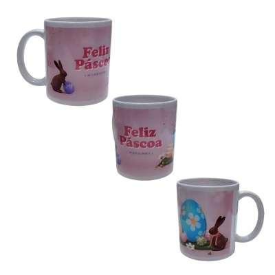 Caneca rosa de cerâmica com coelho, ovos de Páscoa e texto Feliz Páscoa Madrinha