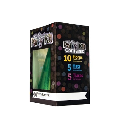 Kit festa para 10 pessoas com cornetas, chapéus e tiaras, em caixa preta com padrão colorido